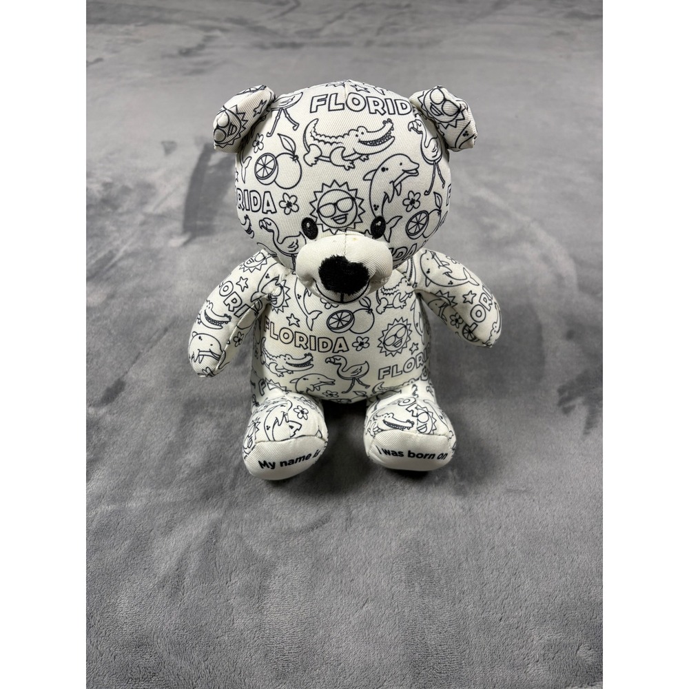 Color Me Plush Florida Souvenir Teddy Bear 9" White Black Canvas Doodle Print